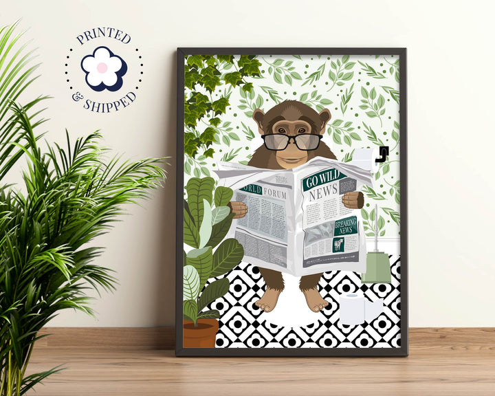 Monkey on Toilet Print, Animal on Toilet Fun Bathroom Wall Art, Jungle Animal Botanical Bathroom Humour Art Print, Cloakroom Prints Wall Art