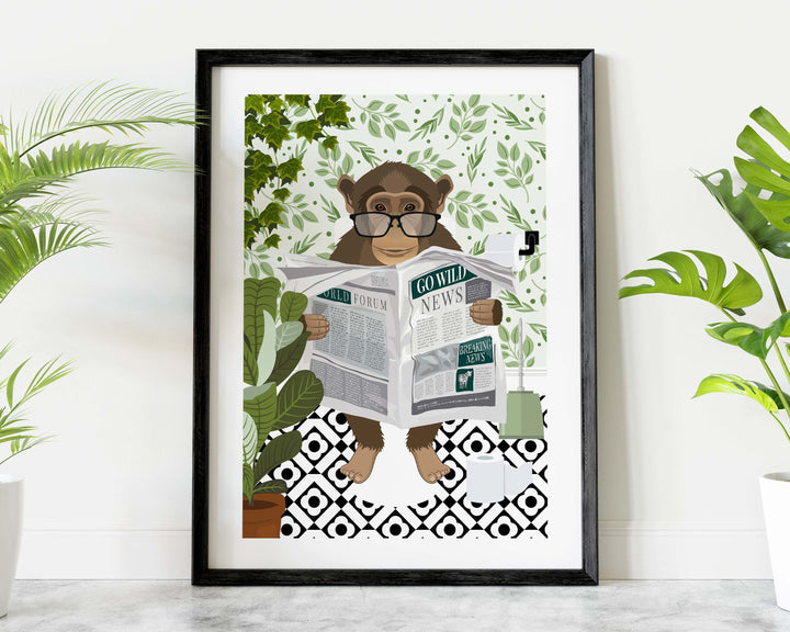 Monkey on Toilet Print, Animal on Toilet Fun Bathroom Wall Art, Jungle Animal Botanical Bathroom Humour Art Print, Cloakroom Prints Wall Art