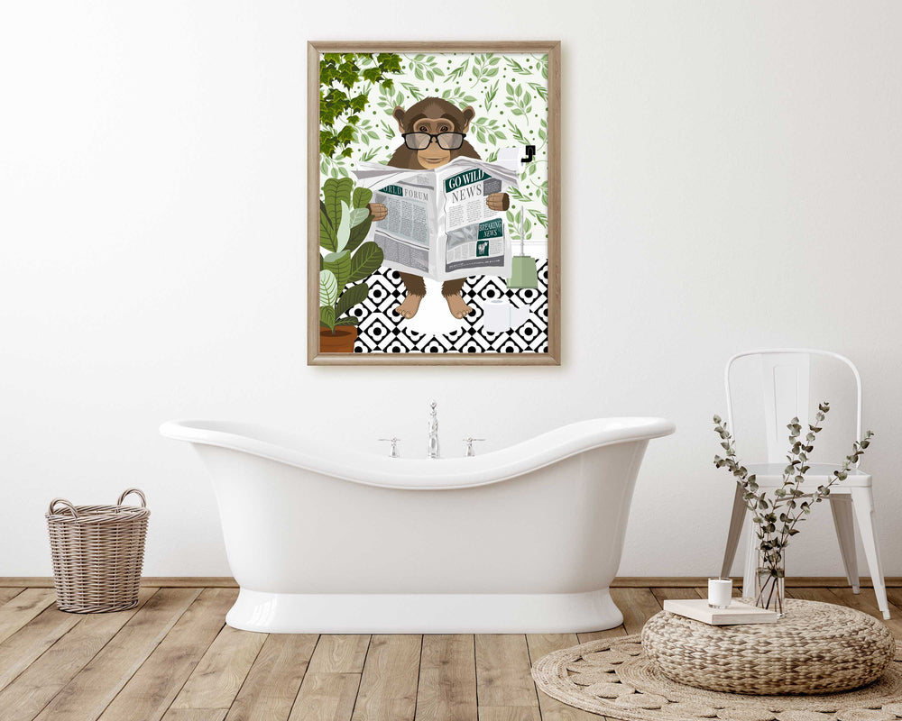 Monkey on Toilet Print, Animal on Toilet Fun Bathroom Wall Art, Jungle Animal Botanical Bathroom Humour Art Print, Cloakroom Prints Wall Art