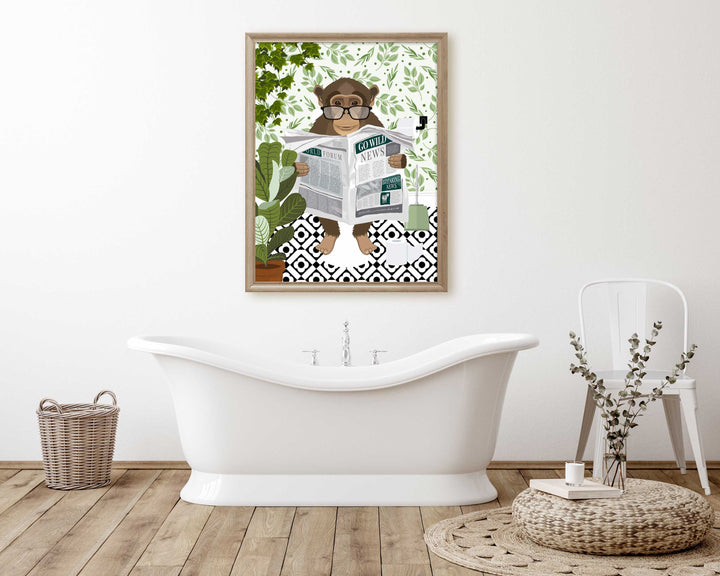 Monkey on Toilet Print, Animal on Toilet Fun Bathroom Wall Art, Jungle Animal Botanical Bathroom Humour Art Print, Cloakroom Prints Wall Art