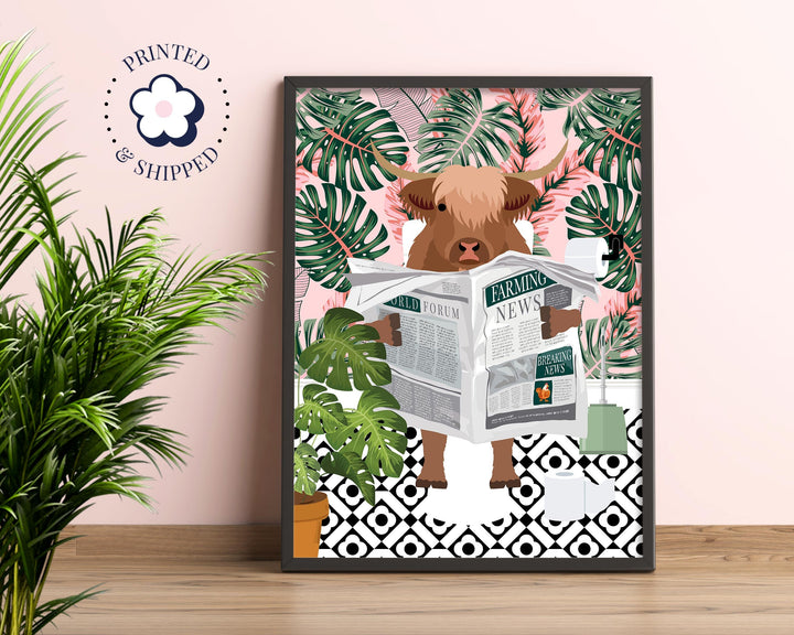 Scottish Highland Cow On Toilet Bathroom Prints, Animal On Toilet Funny Bathroom Art For Kids, Cloakroom Bathroom Wall Art, Playroom Decor