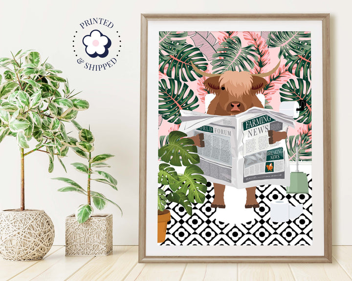 Scottish Highland Cow On Toilet Bathroom Prints, Animal On Toilet Funny Bathroom Art For Kids, Cloakroom Bathroom Wall Art, Playroom Decor