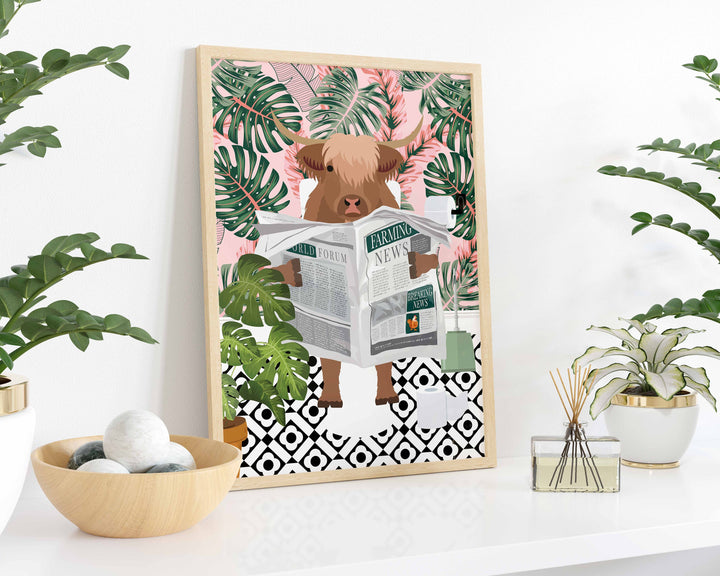 Scottish Highland Cow On Toilet Bathroom Prints, Animal On Toilet Funny Bathroom Art For Kids, Cloakroom Bathroom Wall Art, Playroom Decor