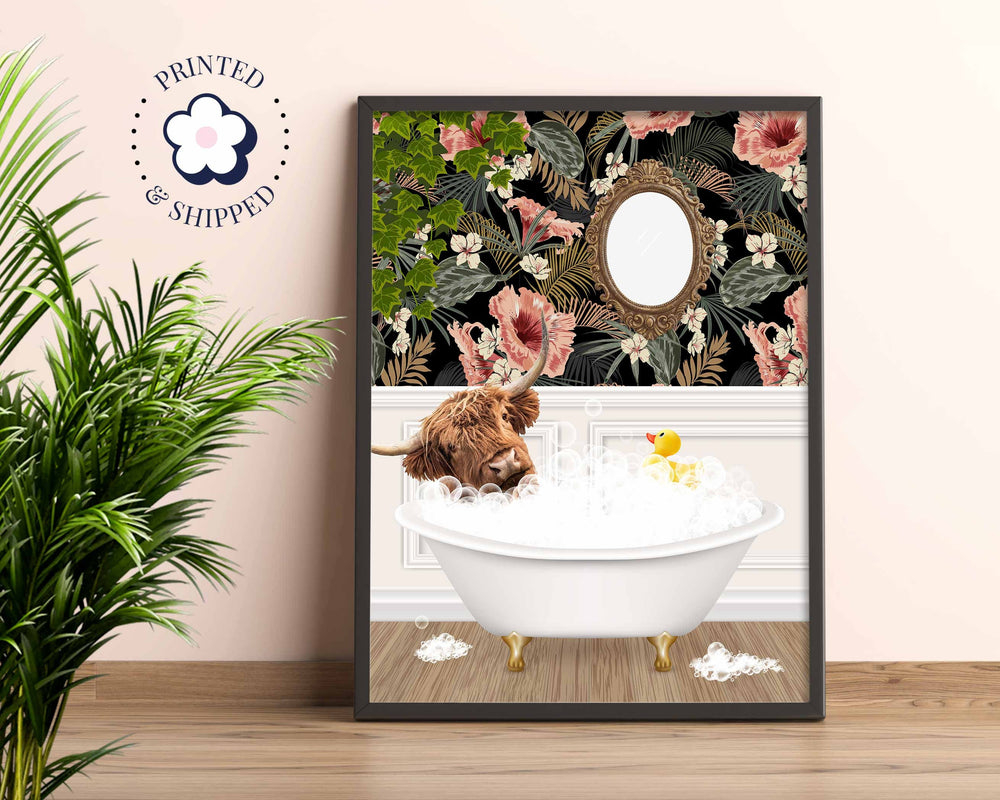 Scottish Highland Cow in Bath Print, Colourful Animal in Bathtub Art, Vintage Bathroom Decor, Funny Bathroom Print, Whimsical Animal Art