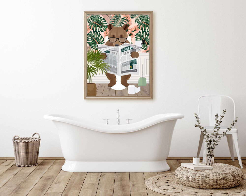Bear on Toilet Bathroom Wall Art, Animal on Toilet Tropical Bathroom Print, Botanical Bathroom Wall Decor, Colourful Jungle Bathroom Prints