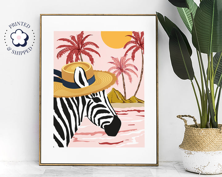 Zebra Tropical Pink Print, Safari Nursery Decor, Animal Prints, Maximalist Palm Tree Wall Art, Summer Beach House Decor, Large Beach Prints