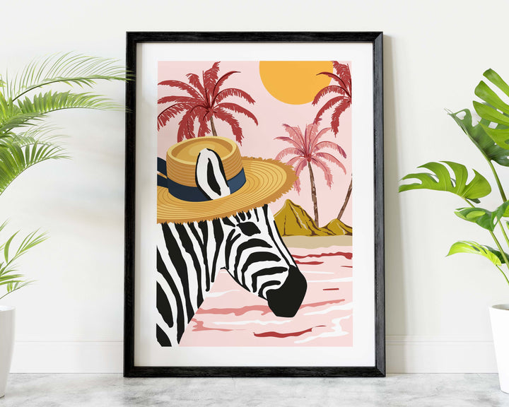 Zebra Tropical Pink Print, Safari Nursery Decor, Animal Prints, Maximalist Palm Tree Wall Art, Summer Beach House Decor, Large Beach Prints