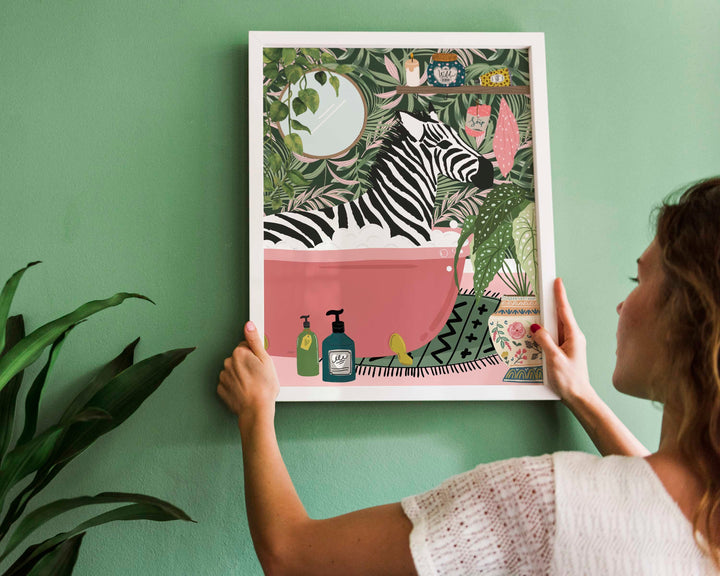 Zebra in Bathtub Boho Bathroom Print, Maximalist Animal in Bath Wall Art, Tropical Botanical Bathroom Print, Eclectic Bathroom Wall Decor