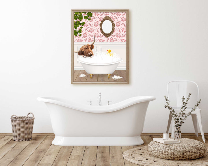 Scottish Highland Cow in Bathtub Print, Colourful Animal in Bath Art, Vintage Bathroom Decor, Funny Bathroom Print, Whimsical Animal Art