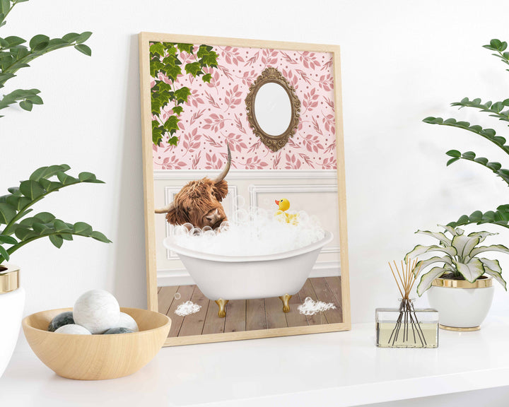 Scottish Highland Cow in Bathtub Print, Colourful Animal in Bath Art, Vintage Bathroom Decor, Funny Bathroom Print, Whimsical Animal Art