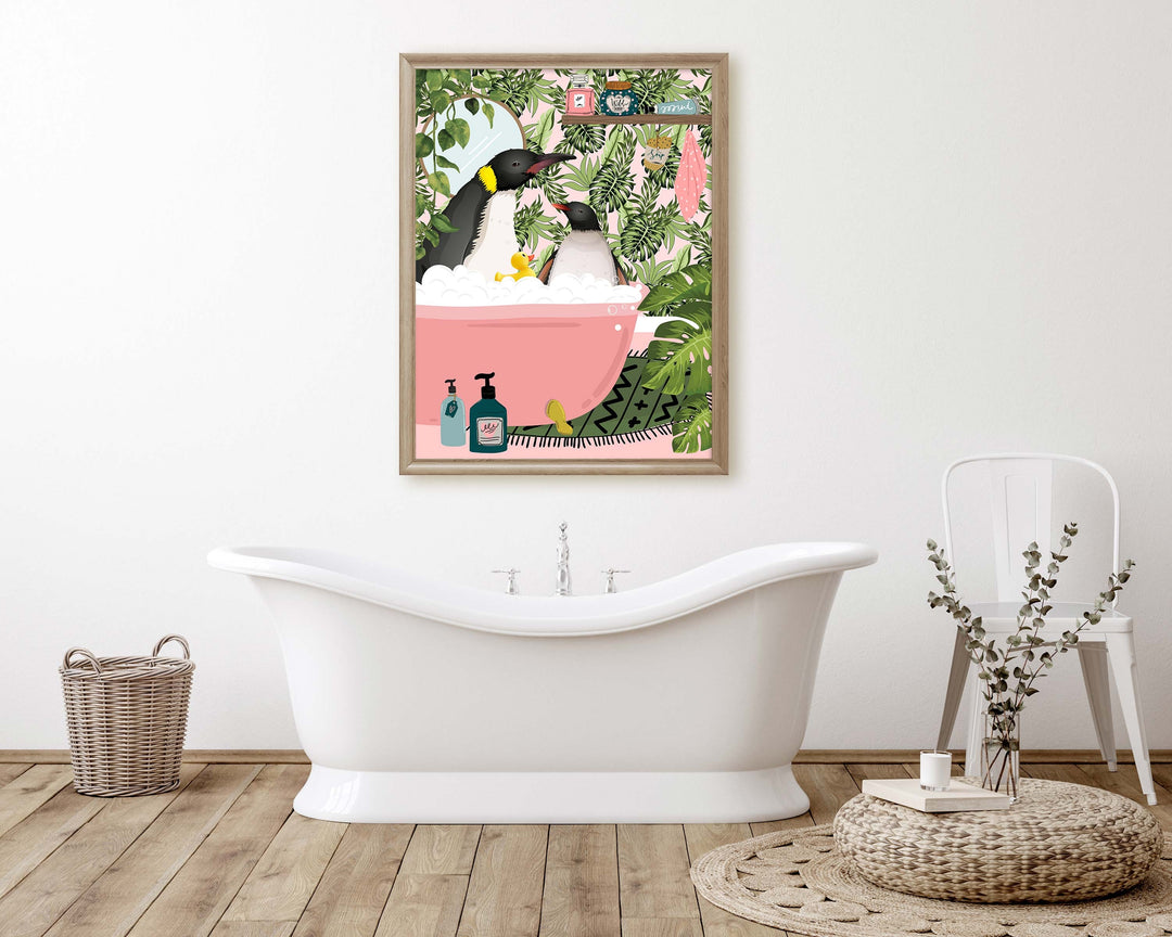 Penguin Bathroom Wall Art, Funny Animal Bathroom Print, Toilet Art Decor, Kids Bathroom Decor, Maximalist Wall Art, Tropical Bathroom Poster