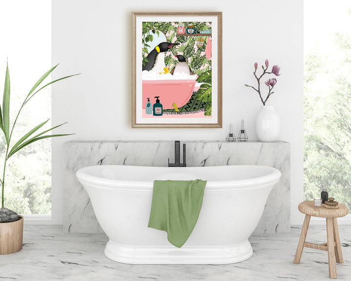 Penguin Bathroom Wall Art, Funny Animal Bathroom Print, Toilet Art Decor, Kids Bathroom Decor, Maximalist Wall Art, Tropical Bathroom Poster