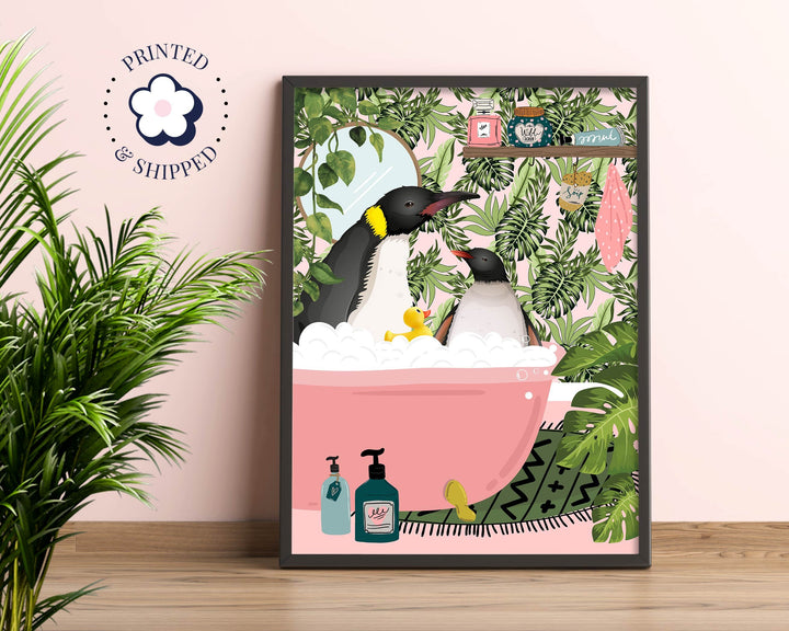 Penguin Bathroom Wall Art, Funny Animal Bathroom Print, Toilet Art Decor, Kids Bathroom Decor, Maximalist Wall Art, Tropical Bathroom Poster