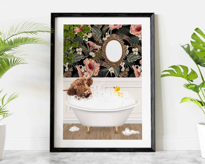 Scottish Highland Cow in Bath Print, Colourful Animal in Bathtub Art, Vintage Bathroom Decor, Funny Bathroom Print, Whimsical Animal Art