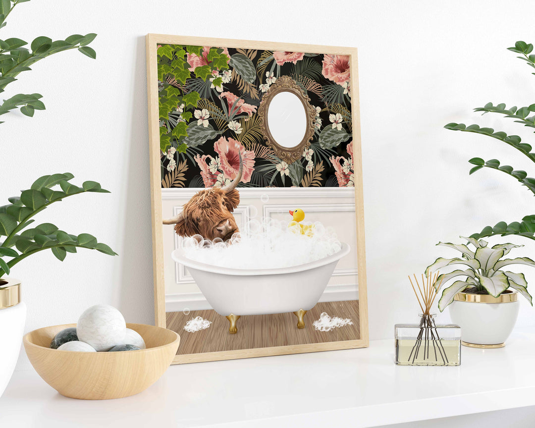 Scottish Highland Cow in Bath Print, Colourful Animal in Bathtub Art, Vintage Bathroom Decor, Funny Bathroom Print, Whimsical Animal Art