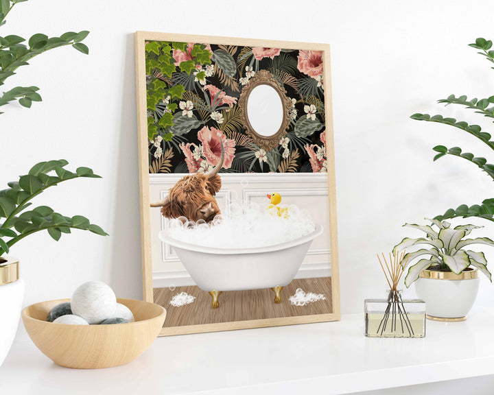 Scottish Highland Cow in Bath Print, Colourful Animal in Bathtub Art, Vintage Bathroom Decor, Funny Bathroom Print, Whimsical Animal Art