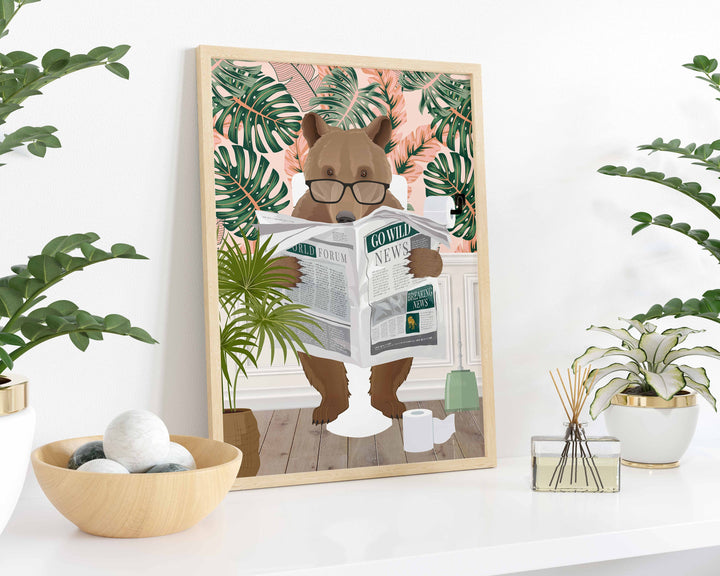 Bear on Toilet Bathroom Wall Art, Animal on Toilet Tropical Bathroom Print, Botanical Bathroom Wall Decor, Colourful Jungle Bathroom Prints