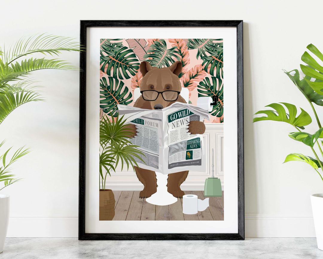 Bear on Toilet Bathroom Wall Art, Animal on Toilet Tropical Bathroom Print, Botanical Bathroom Wall Decor, Colourful Jungle Bathroom Prints