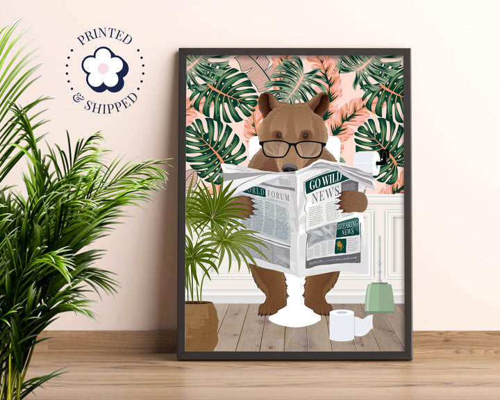 Bear on Toilet Bathroom Wall Art, Animal on Toilet Tropical Bathroom Print, Botanical Bathroom Wall Decor, Colourful Jungle Bathroom Prints