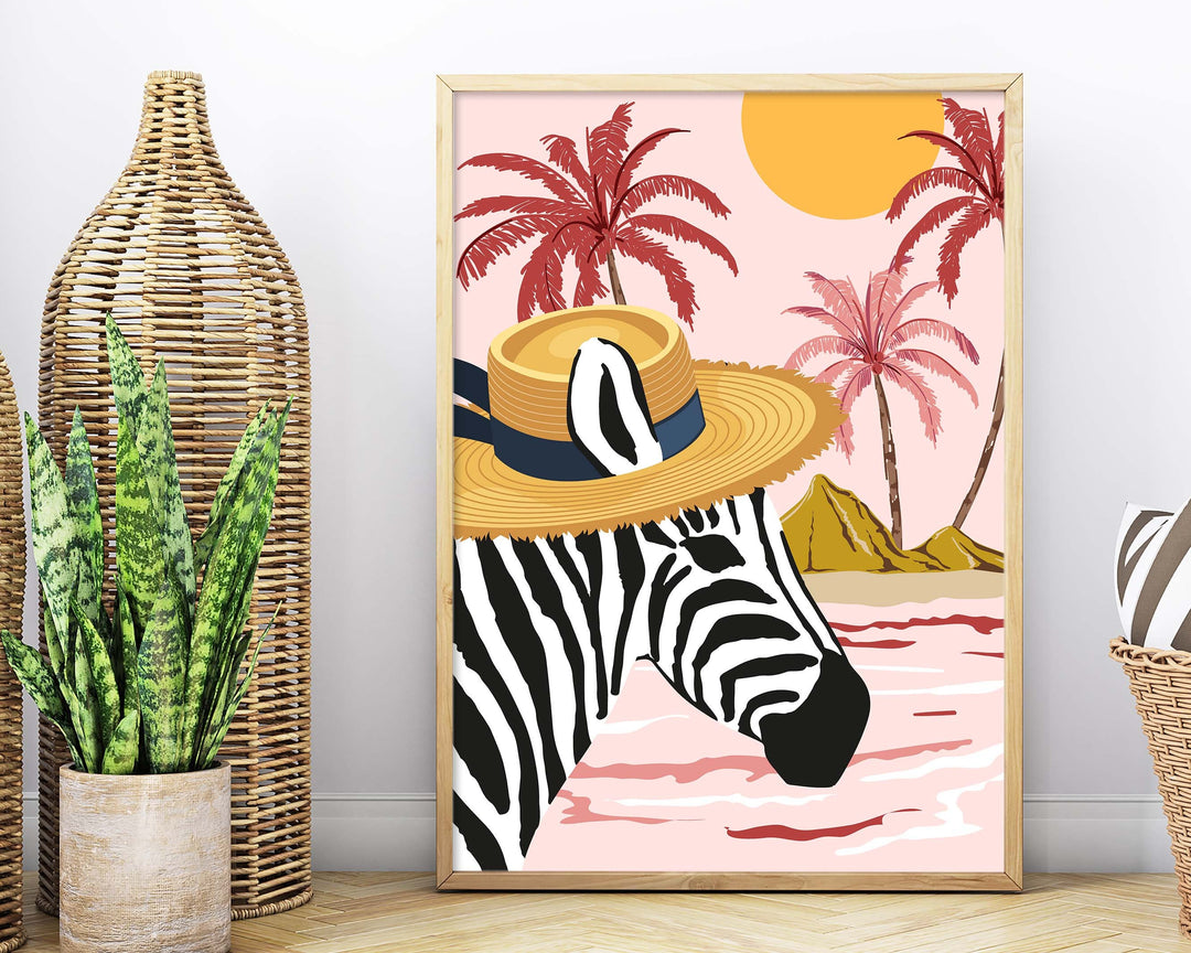 Zebra Tropical Pink Print, Safari Nursery Decor, Animal Prints, Maximalist Palm Tree Wall Art, Summer Beach House Decor, Large Beach Prints