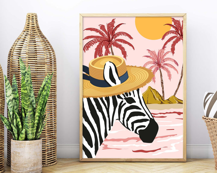 Zebra Tropical Pink Print, Safari Nursery Decor, Animal Prints, Maximalist Palm Tree Wall Art, Summer Beach House Decor, Large Beach Prints