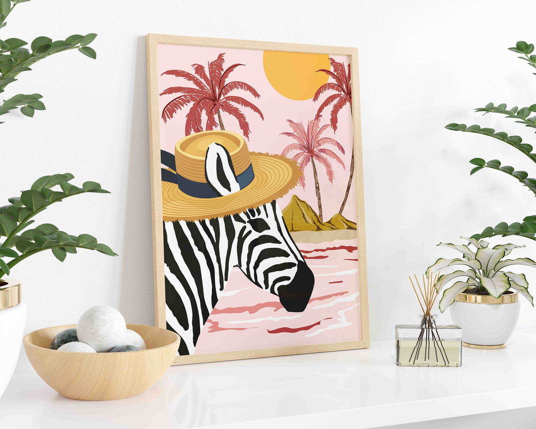 Zebra Tropical Pink Print, Safari Nursery Decor, Animal Prints, Maximalist Palm Tree Wall Art, Summer Beach House Decor, Large Beach Prints