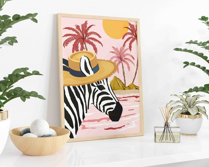 Zebra Tropical Pink Print, Safari Nursery Decor, Animal Prints, Maximalist Palm Tree Wall Art, Summer Beach House Decor, Large Beach Prints