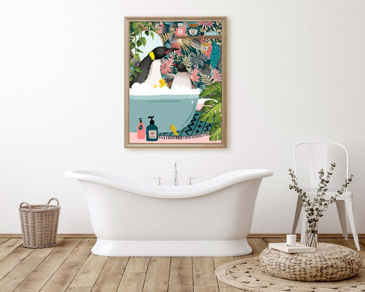 Penguins in Bathtub Animal Bathroom Prints, Animal in Bath Wall Art, Kids Funny Penguin Art, Fun Botanical Jungle Bathroom Penguin Poster