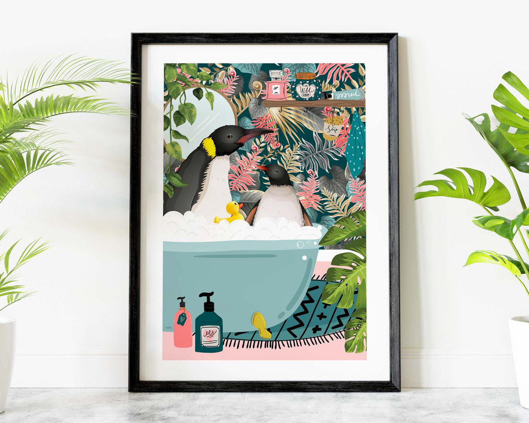 Penguins in Bathtub Animal Bathroom Prints, Animal in Bath Wall Art, Kids Funny Penguin Art, Fun Botanical Jungle Bathroom Penguin Poster