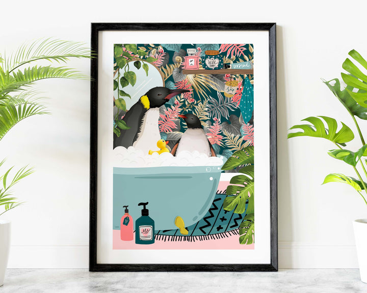 Penguins in Bathtub Animal Bathroom Prints, Animal in Bath Wall Art, Kids Funny Penguin Art, Fun Botanical Jungle Bathroom Penguin Poster