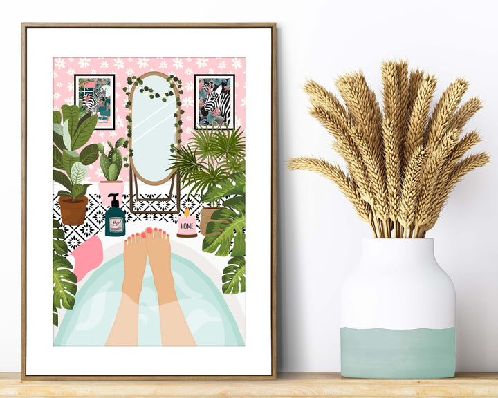 Botanical Bathroom Bathtub Art Print, Boho Bathroom Tropical Wall Art, Self Care Plants in Bathroom Wall Decor, Maximalist Eclectic Decor