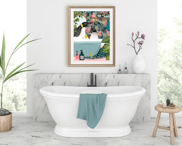 Penguins in Bathtub Animal Bathroom Prints, Animal in Bath Wall Art, Kids Funny Penguin Art, Fun Botanical Jungle Bathroom Penguin Poster