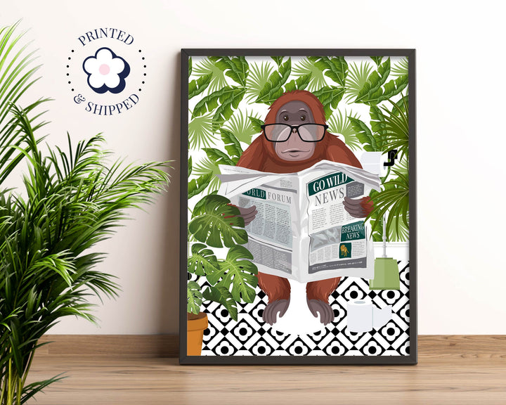 Orangutan on Toilet Bathroom Print, Animal on Toilet Fun Bathroom Wall Art, Botanical Boho Bathroom Jungle Art Decor, Cloakroom Toilet Art