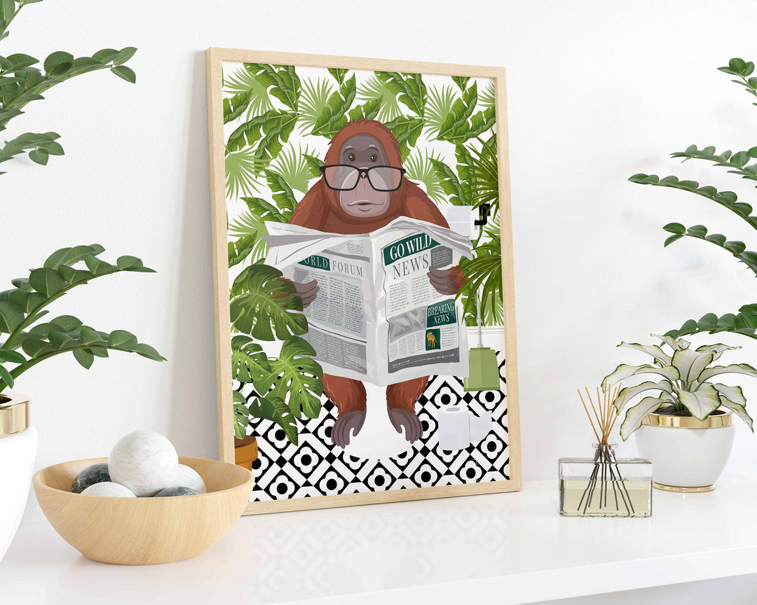 Orangutan on Toilet Bathroom Print, Animal on Toilet Fun Bathroom Wall Art, Botanical Boho Bathroom Jungle Art Decor, Cloakroom Toilet Art