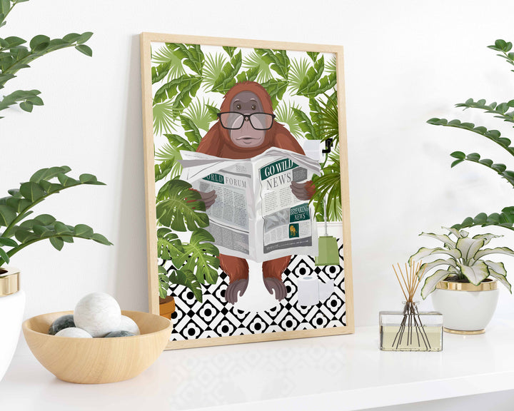 Orangutan on Toilet Bathroom Print, Animal on Toilet Fun Bathroom Wall Art, Botanical Boho Bathroom Jungle Art Decor, Cloakroom Toilet Art