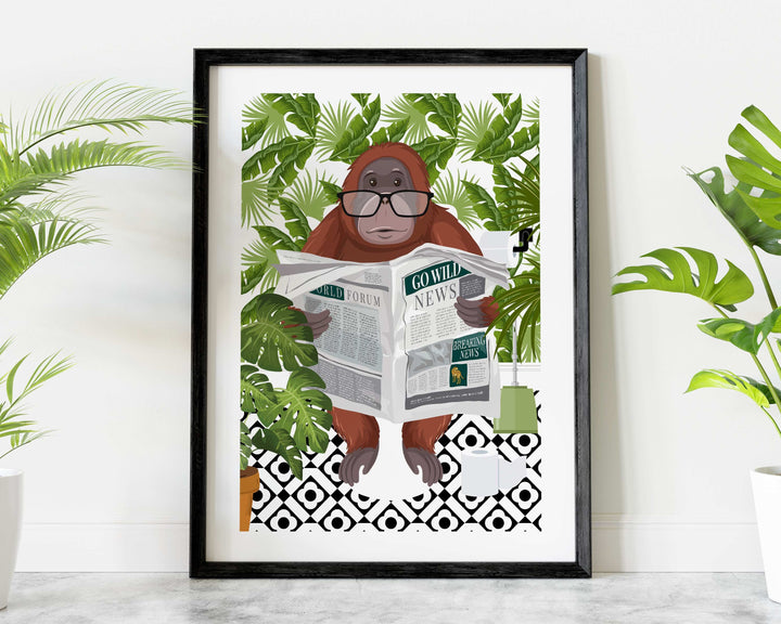 Orangutan on Toilet Bathroom Print, Animal on Toilet Fun Bathroom Wall Art, Botanical Boho Bathroom Jungle Art Decor, Cloakroom Toilet Art