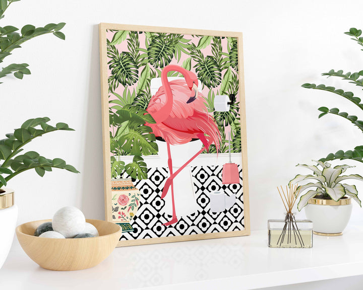 Pink Flamingo on Toilet Bathroom Print, Animal on Toilet Cloakroom Wall Art, Tropical Botanical Fun Bathroom Decor, Maximalist Toilet Art