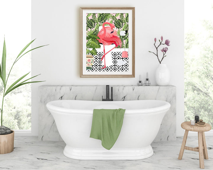 Pink Flamingo on Toilet Bathroom Print, Animal on Toilet Cloakroom Wall Art, Tropical Botanical Fun Bathroom Decor, Maximalist Toilet Art