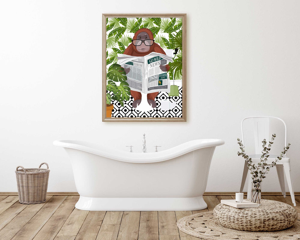 Orangutan on Toilet Bathroom Print, Animal on Toilet Fun Bathroom Wall Art, Botanical Boho Bathroom Jungle Art Decor, Cloakroom Toilet Art