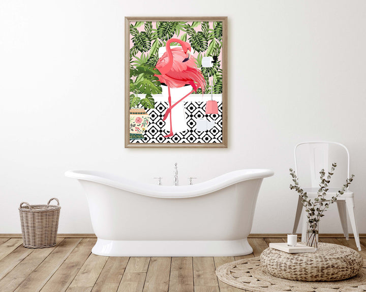 Pink Flamingo on Toilet Bathroom Print, Animal on Toilet Cloakroom Wall Art, Tropical Botanical Fun Bathroom Decor, Maximalist Toilet Art