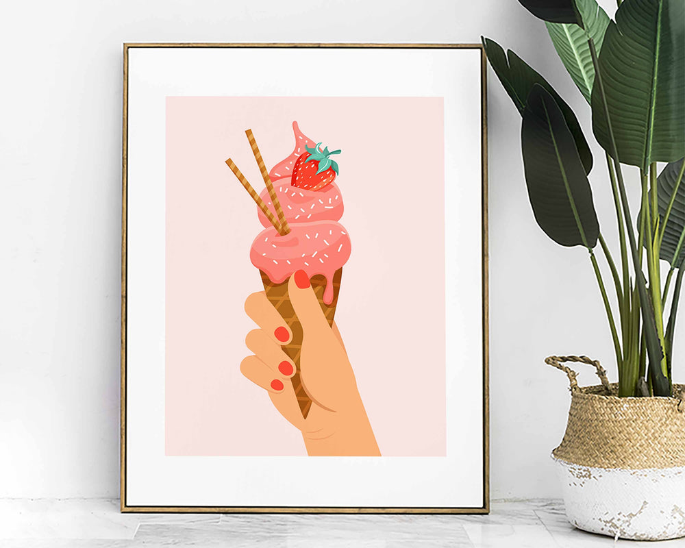 Ice Cream Cone Art Print, Modern Foodie Kitchen Poster, Abstract Summer Dessert Kitchen Wall Art, Pink Ice Cream Girls Bedroom Wall Decor
