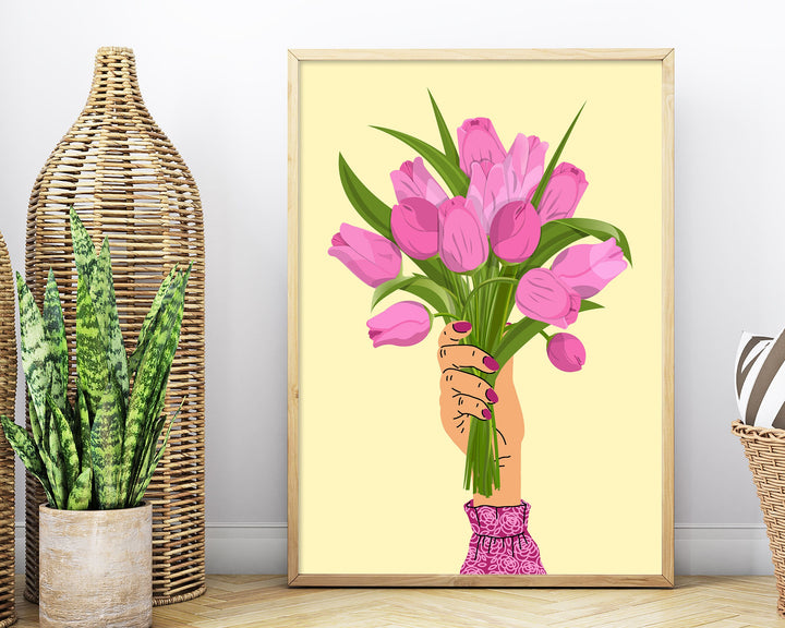 Pink Tulip Abstract Wall Art Print, Pastel Yellow Flower Wall Decor, Spring Flowers Boho Bouquet, Trendy Colourful Botanical Flower Print