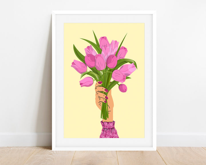 Pink Tulip Abstract Wall Art Print, Pastel Yellow Flower Wall Decor, Spring Flowers Boho Bouquet, Trendy Colourful Botanical Flower Print