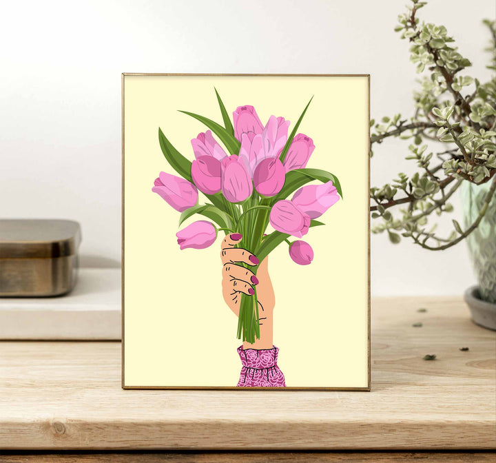 Pink Tulip Abstract Wall Art Print, Pastel Yellow Flower Wall Decor, Spring Flowers Boho Bouquet, Trendy Colourful Botanical Flower Print