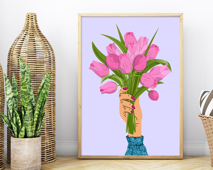 Pink Tulip Abstract Wall Art Print, Pastel Lilac Flower Wall Decor, Spring Flowers Boho Bouquet, Trendy Colourful Botanical Flower Print