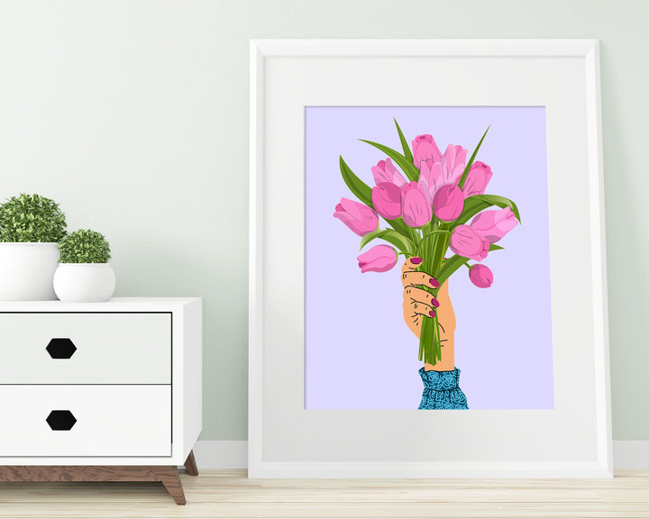 Pink Tulip Abstract Wall Art Print, Pastel Lilac Flower Wall Decor, Spring Flowers Boho Bouquet, Trendy Colourful Botanical Flower Print