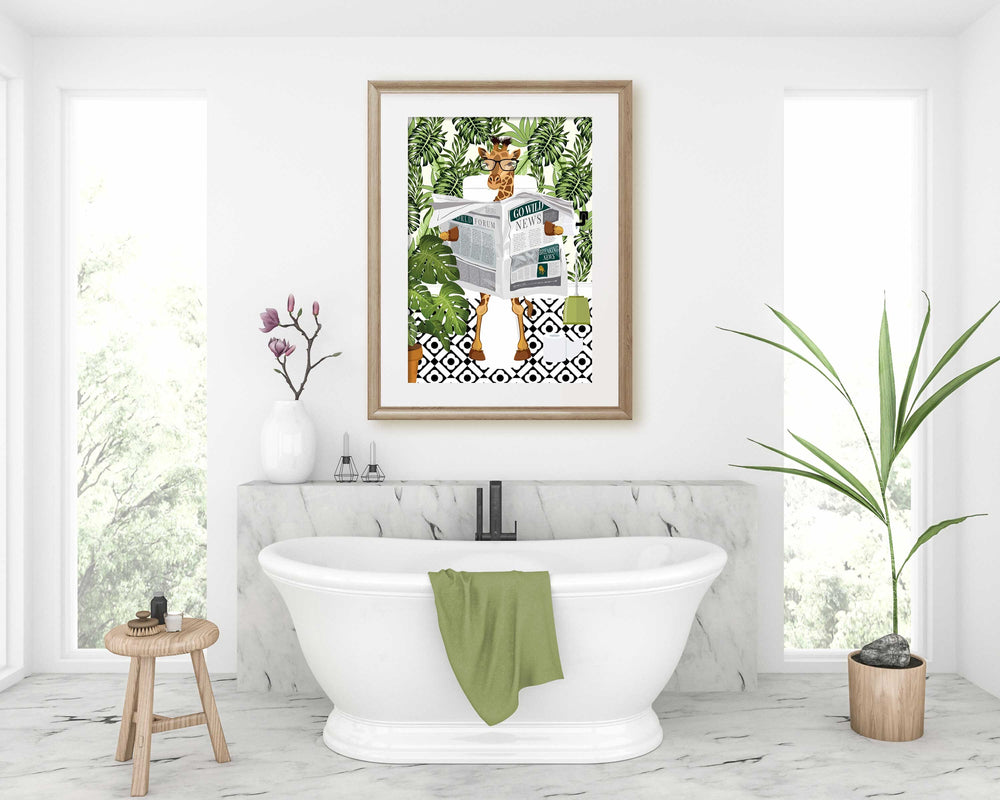 Giraffe on Toilet Botanical Bathroom Prints, Animal on Toilet Funny Bathroom Art, Tropical Boho Safari Jungle Art Decor, Cloakroom Wall Art