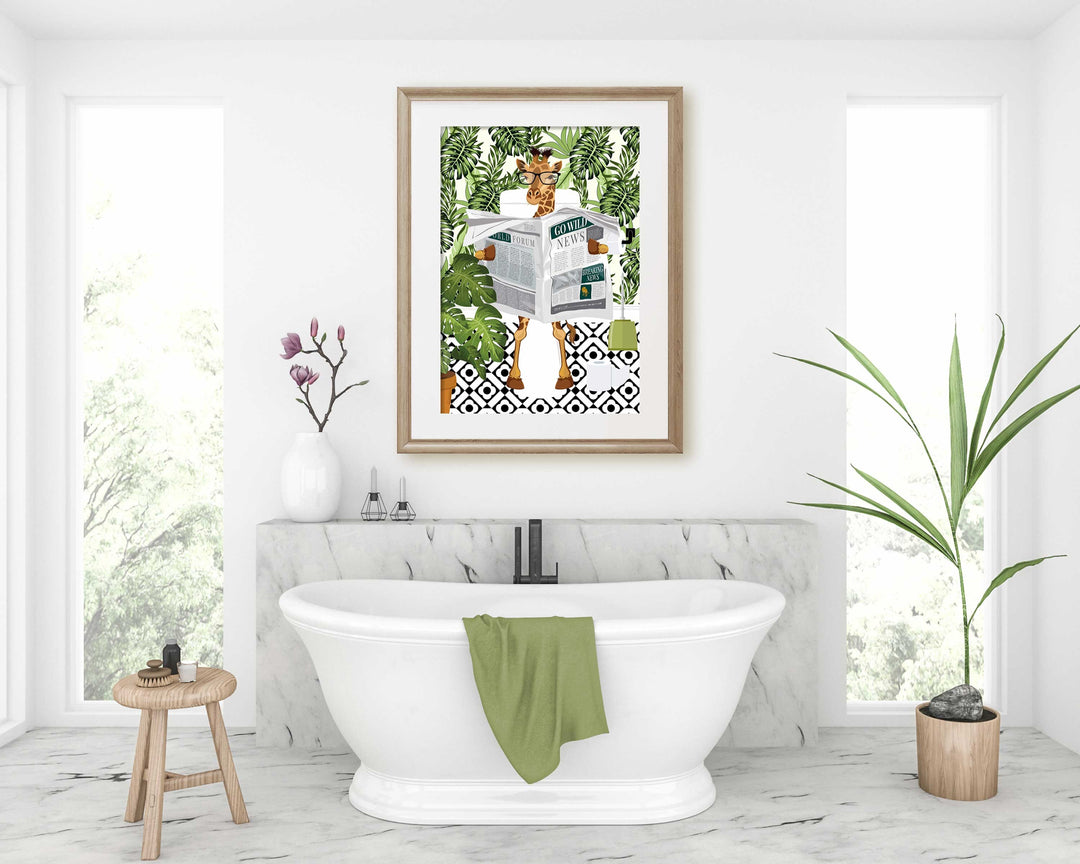 Giraffe on Toilet Botanical Bathroom Prints, Animal on Toilet Funny Bathroom Art, Tropical Boho Safari Jungle Art Decor, Cloakroom Wall Art