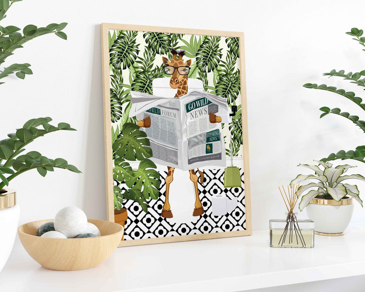Giraffe on Toilet Botanical Bathroom Prints, Animal on Toilet Funny Bathroom Art, Tropical Boho Safari Jungle Art Decor, Cloakroom Wall Art
