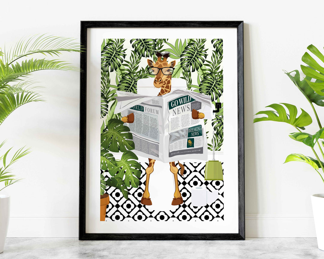 Giraffe on Toilet Botanical Bathroom Prints, Animal on Toilet Funny Bathroom Art, Tropical Boho Safari Jungle Art Decor, Cloakroom Wall Art